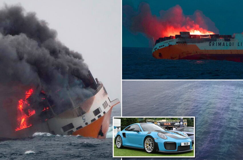  کشتی سوخته حامل هزاران خودروی لوکس در نزدیکی پرتغال غرق شد
